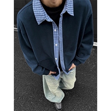 港风秋款男女假两件卫衣衬衫领条纹格子拼接外套WY609P50，男装衬衫，星座1013-1