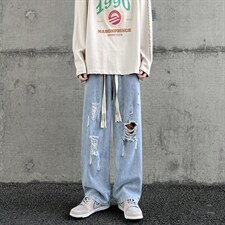 膝盖破洞牛仔裤男直筒ins高街潮牌港风阔脚拖地宽松裤子N0313-P40，男装牛仔裤，星座308B-2