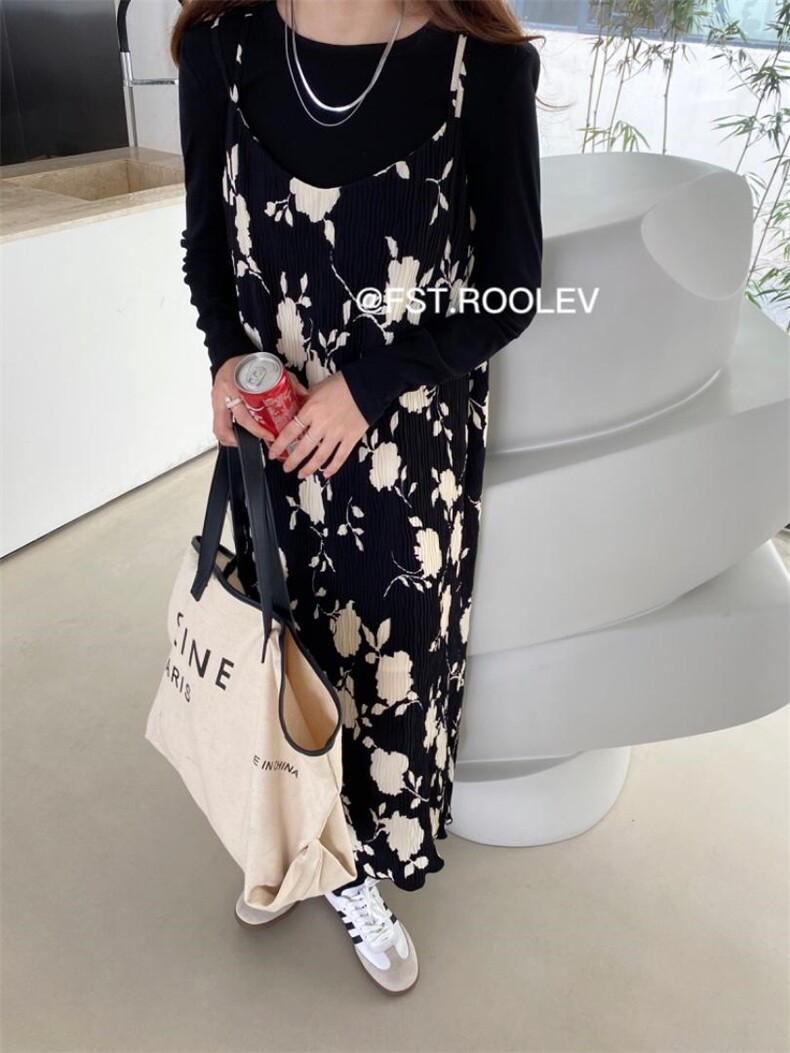 压褶花吊带裙，女装背心吊带，FST