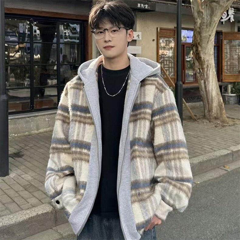 经典格子拼色男士毛呢连帽夹克外套A071-5010-P115,男装夹克,电商A071