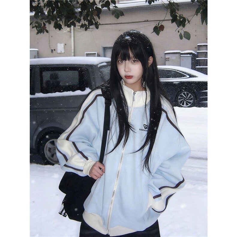 学院风潮酷撞色立领外套男女秋冬季加绒情侣宽松插肩袖开衫卫衣，女装短外套，星座601-1