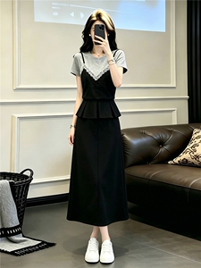 设计感小众时尚气质套装女夏圆领蕾丝拼接上衣开叉半身长裙两件套图片