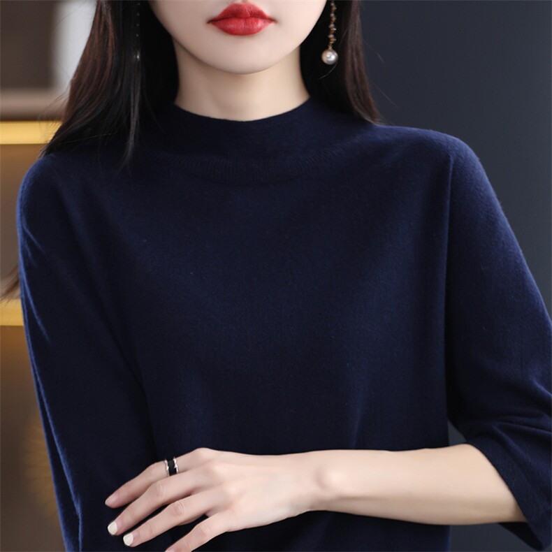 2025春季新款时尚中袖半高圆领针织T恤女宽松显瘦五分袖打底小衫,针织衫/毛衣,暖烁特种纱工厂店
