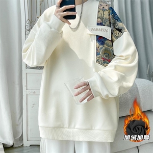 美式拼接小熊卡通圆领卫衣男复古港风春秋季休闲潮流宽松套头衣服