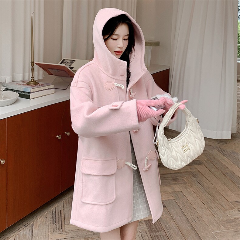 雪景甜美粉色牛角扣毛呢连帽外套（可拆卸玩偶）,女装毛呢外套,天使之佳话