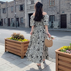 新中式玫红碎花连衣裙女夏季2024国风高级感收腰气质中长a字裙子，女装连衣裙，浙宝276（原081）