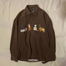 CS381-P43美式复古灯芯绒猫咪刺绣长袖衬衫男女春秋冬宽松休闲，男装衬衫，电商B323A