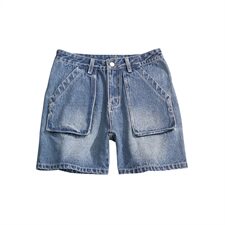 2021夏季新日系大码纯色休闲男工装五分裤宽松牛仔短裤K8137-P45，男装牛仔裤，电商A001