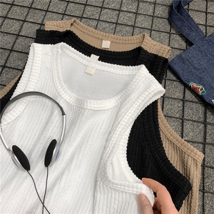 主推 慵懒风宽松坑条无袖T恤情侣背心男女坎肩内搭上衣 H952特P23图片