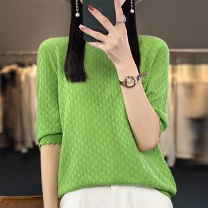 春夏新款精纺羊毛短袖女圆领纯色提花半袖T恤宽松套头针织打底衫图片