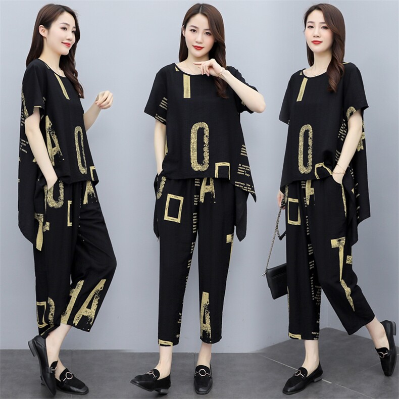 现货2026夏季新款时尚优雅气质纯色印花圆领舒适两件套大码套装，女装套装/套裙，尚洛菲