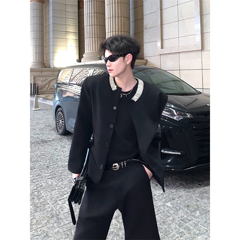 网图高级感小香风重工镶钻垫肩圆领西装外套男XZ17P128,男装西服套装,星座512-1（原513-3）