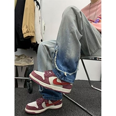 欧美渐变毛边水洗高街牛仔裤男情侣潮牌炸街裤，男装牛仔裤，星座716-2