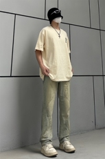 B221美式ins高街暗黑小众泥黄色休闲直筒牛仔裤LK23026-P60控78，男装牛仔裤，电商B221