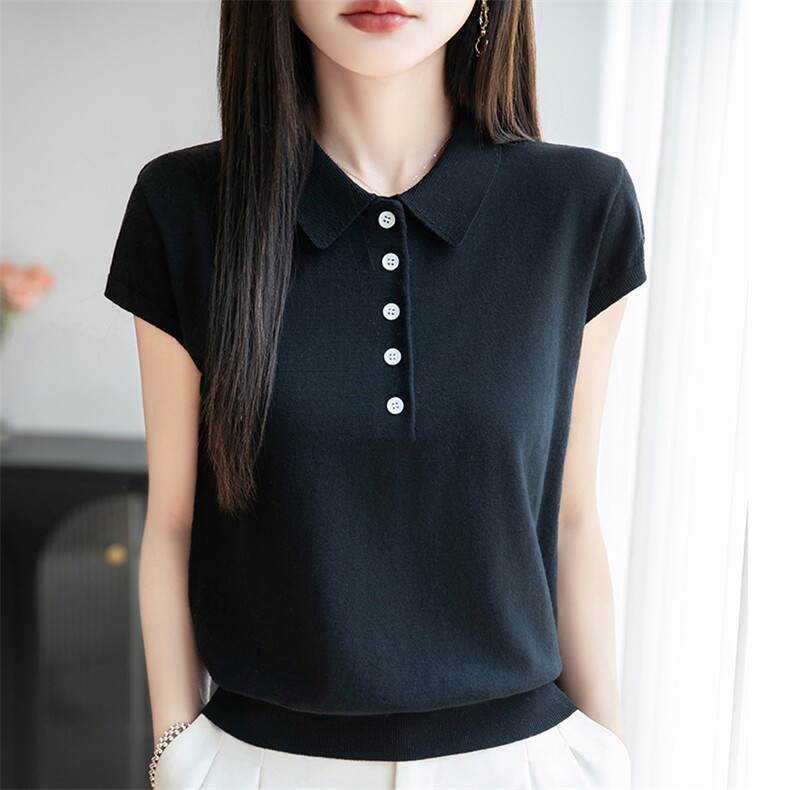 经典翻领扣子POLO衫小飞袖T恤女2025夏季新款气质复古针织短袖t恤,针织衫/毛衣,佰旭羊绒