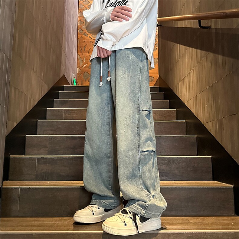 1506/QK300/P44风潮男松紧腰牛仔裤嘻哈ins潮高街潮流痞帅长裤图片