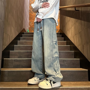 1506/QK300/P44风潮男松紧腰牛仔裤嘻哈ins潮高街潮流痞帅长裤图片