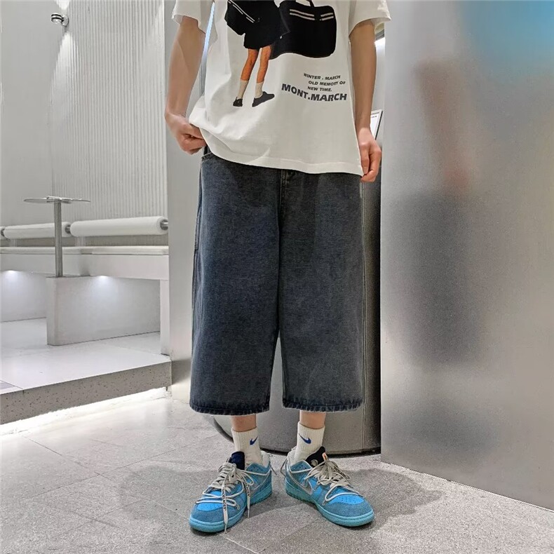 港风ins复古牛仔短裤男宽松直筒七分阔腿裤夏季潮牌高街老爹裤子,男装牛仔裤,星座601-2