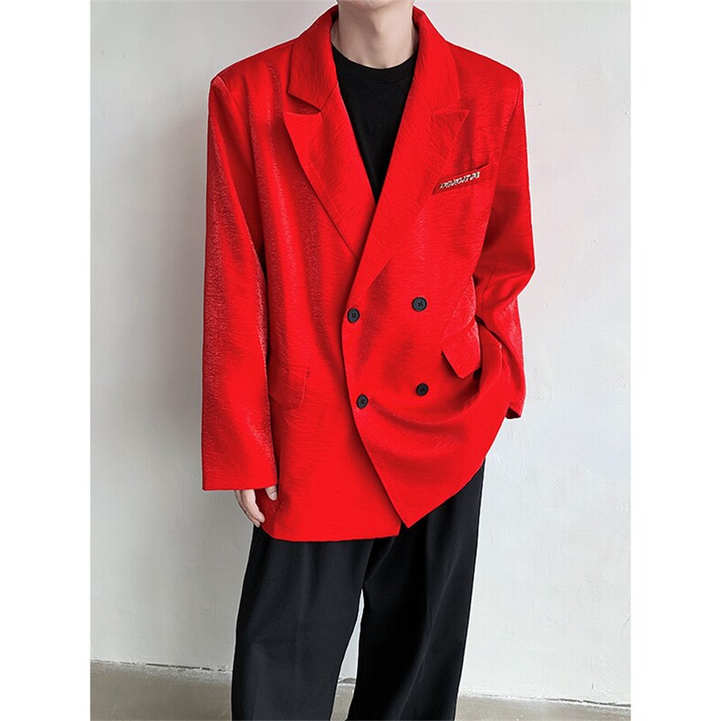 春装高级感液态流光垫肩西服外套男痞帅金属标装饰西装XF821P135图片