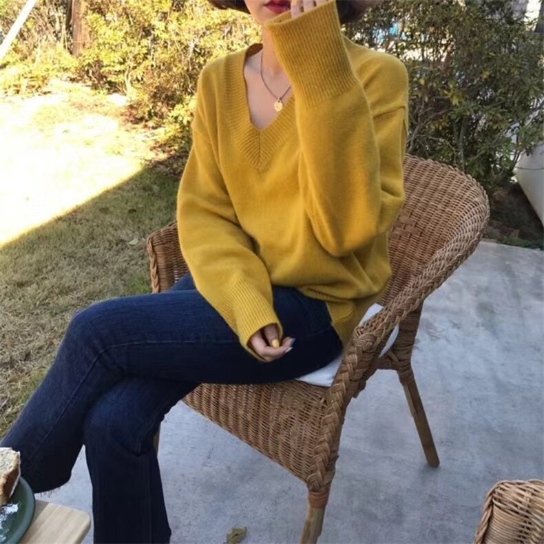 秋冬新款V领修身显瘦百搭长袖休闲气质毛衣打底针织衫女,针织衫/毛衣,半城羊绒
