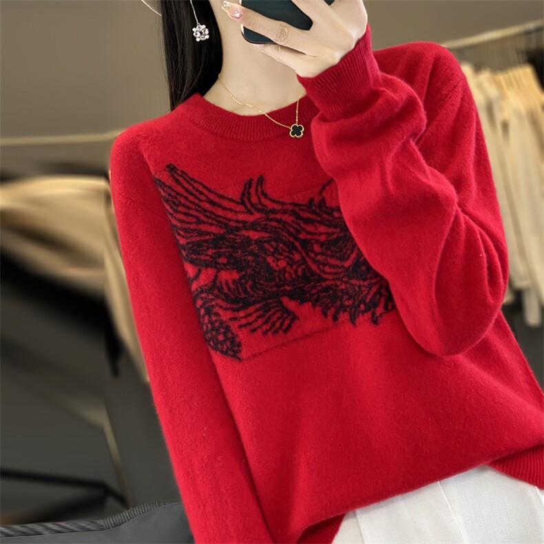 时尚潮流常规通勤百搭大龙图案羊毛圆领羊毛衫2024年秋冬新款,女装羊毛衫,丽特绒