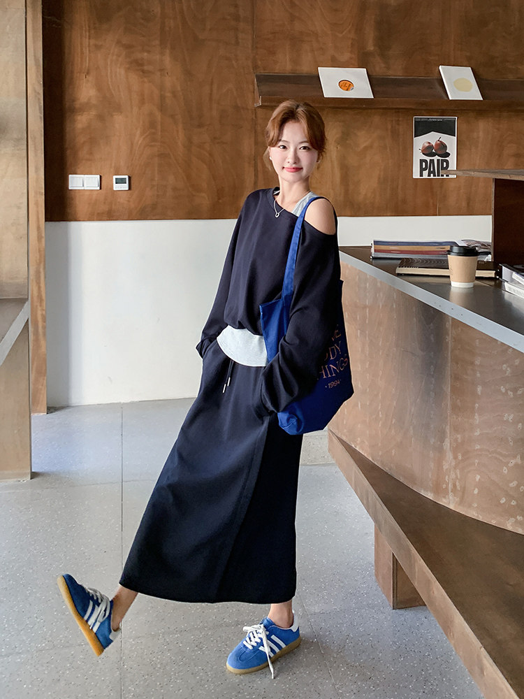 韩系气质假两件露肩卫衣套装裙女2025秋季新款小个子显瘦两件套潮,女装套装/套裙,纯色衣恋