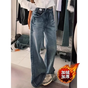 复古微辣叭牛仔裤女秋冬2025年新款低腰美式高街宽松加绒阔腿裤子图片