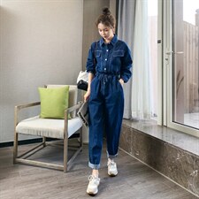 2022春季新款潮流时尚亮线抽绳牛仔连体裤，女装连体裤，帛香坊