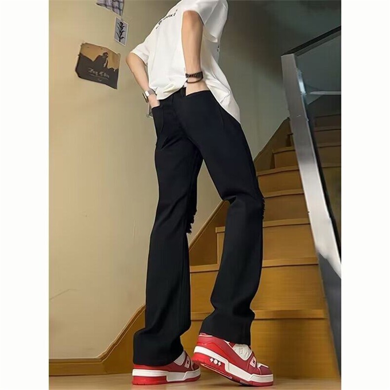 黑色微喇破洞牛仔裤男款夏季穿搭裤子痞帅修身显瘦直筒裤N7027,男装牛仔裤,星座1116A（原606A-3）