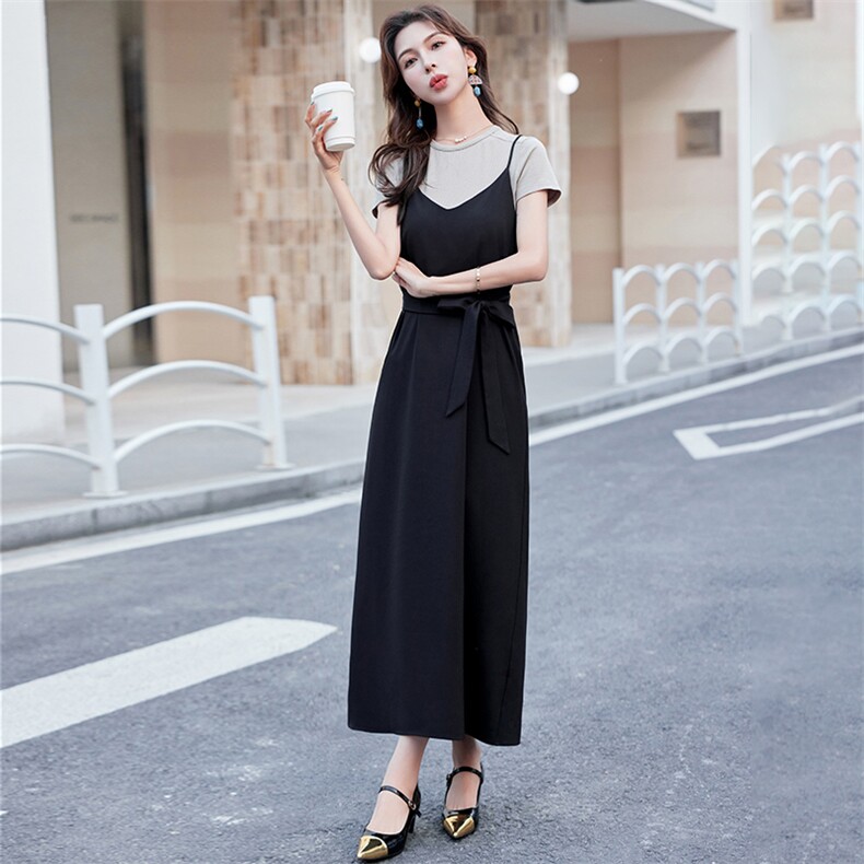时尚直筒连衣裙套装女夏季小个子2024年新款t恤两件套高级感显瘦,女装连衣裙,浙宝029
