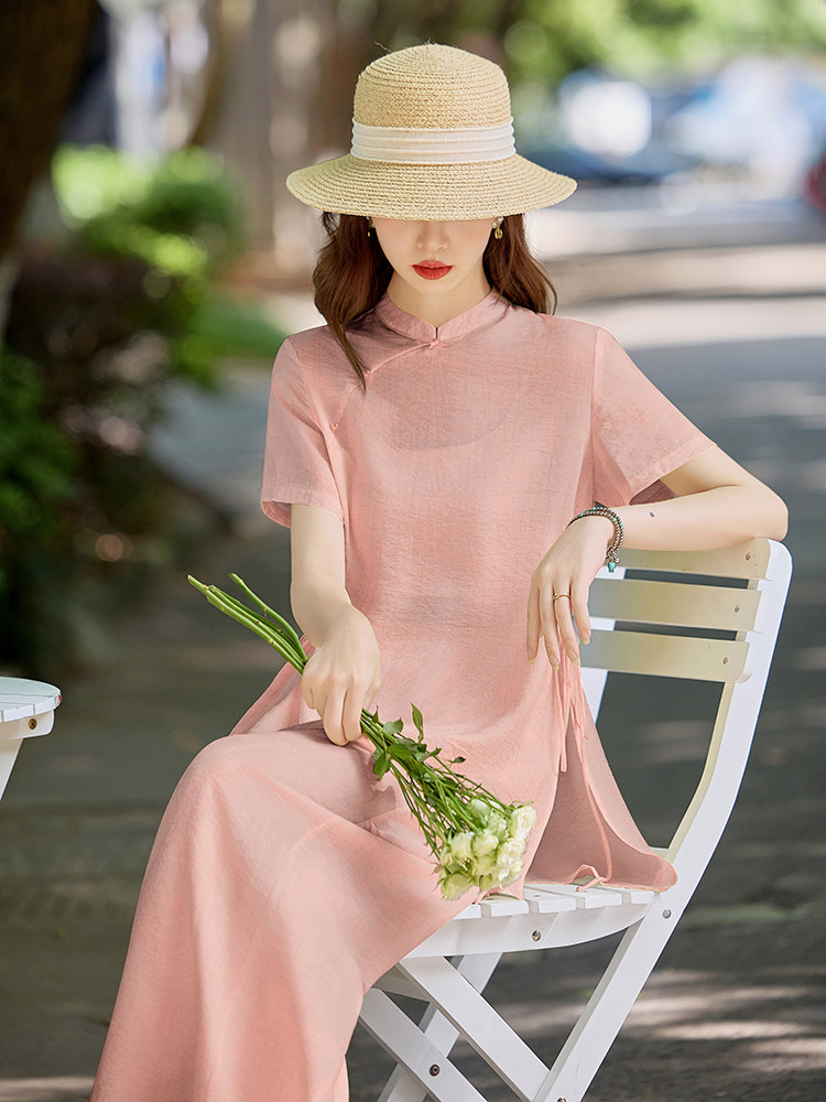 洋气粉色新中式套装女2026夏季薄款立领盘扣上衣显瘦阔腿裤两件套,女装套装/套裙,水衣源