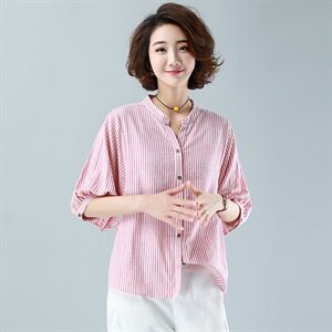 红白色竖条纹短袖百搭印花夏季衬衫设计感小众新女显瘦褶皱袖上衣图片