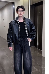 秋冬复古格子拼接机车皮衣夹克外套男潮 JK2377-P145（网图）图片