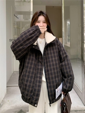复古格子羊羔毛翻领羽绒服女2025冬季短款加厚面包服宽松保暖外套，女装羽绒服，艾米莉亚