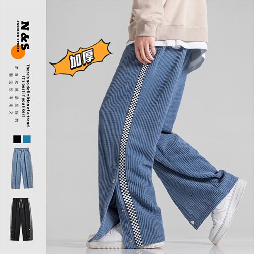 2025冬季新款玉米华夫格拼接卫裤加厚保暖开衩休闲裤蓝 GK63-P55图片