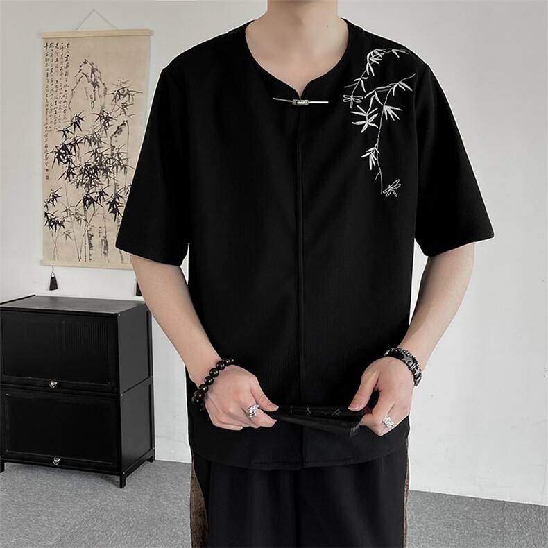 新中式金属扣风潮T恤短袖民族服竹子刺绣汉服时尚T2410-P55,男装T恤,电商A227