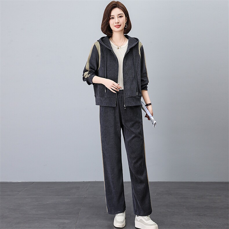 2024春秋季新款灯芯绒时尚休闲气质个性减龄休闲撞色套装,女装套装/套裙,独衣靓