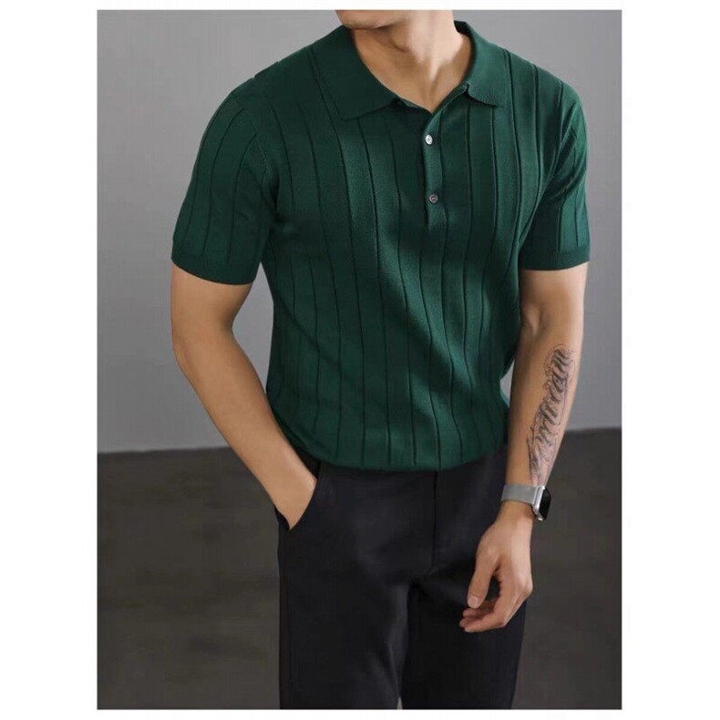 复古坑条纹冰丝短袖针织POLO衫翻领轻熟上衣75030/P55,男装Polo衫,电商A243