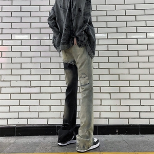 街头拼接牛仔裤男女春秋新款潮美式复古直筒微喇长裤N0731-P52图片