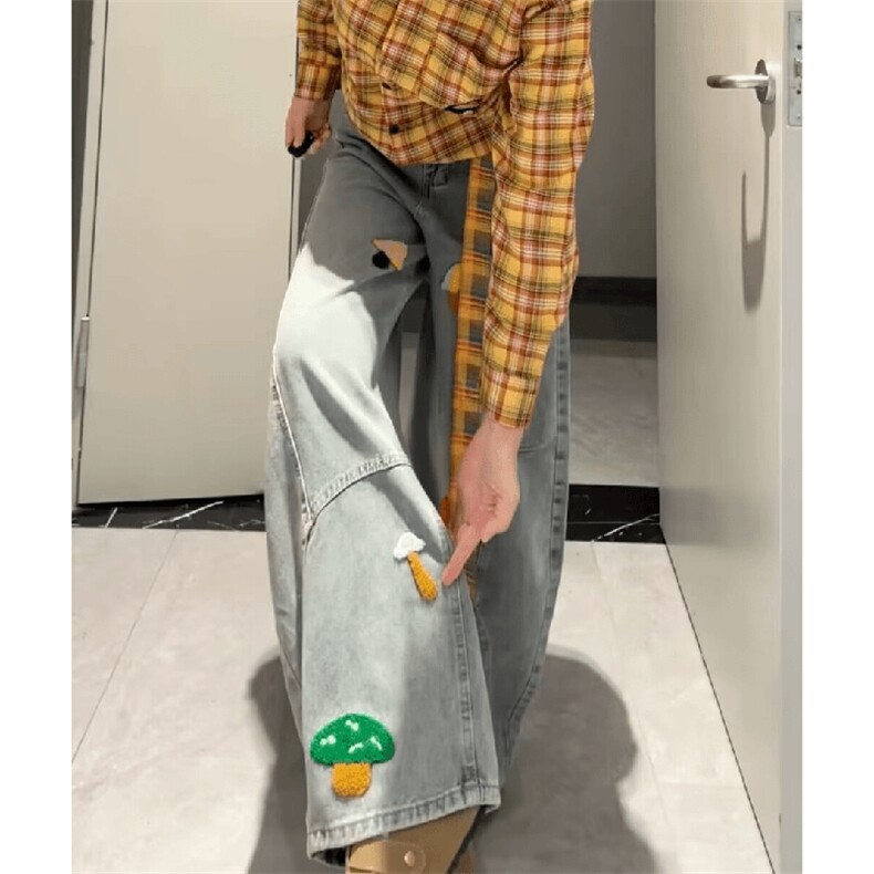 美式高街复古立体刺绣配腰带阔腿牛仔裤男女显瘦直筒弯刀拖地裤潮,男装牛仔裤,电商A486