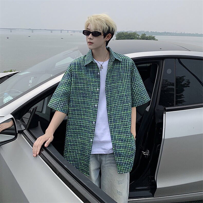 B221美式ins高街宽松薄款泡泡格短袖衬衫SY2548-特P35控59,男装衬衫,电商B221