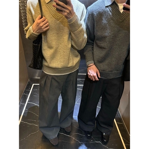 重磅北极绒假两件衬衫领毛衣美式高街复古休闲慵懒纯色翻领针织衫图片