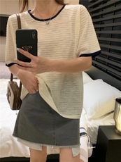夏季新款简约百搭短袖针织衫女宽松休闲上衣，女装针织衫/毛衣，伟祺羊绒