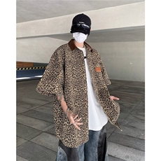 夏季水洗牛仔豹纹短袖衬衫灯芯绒衬衣外套上衣，男装衬衫，星座1013
