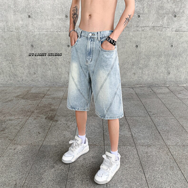 B221美式ins高街暗黑小众拼接牛仔短裤五分裤LK23068-P50控68,男装牛仔裤,电商B221