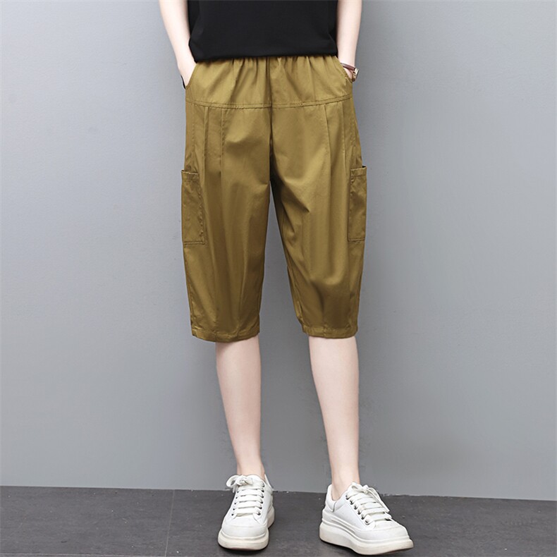 纯棉休闲中裤女夏装新款中年妈妈宽松哈伦短裤薄款高腰显瘦五分裤，女装休闲裤，涵誉