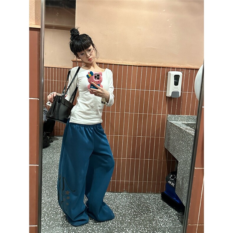 美式慵懒风字母印花阔腿休闲裤女宽松跳舞垂感百搭直筒裤,女装休闲裤,星座1210-1