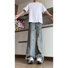 小狗刺绣牛仔裤男美式复古vibe裤子宽松显瘦微喇长裤LD7900-P45，男装牛仔裤，星座1008