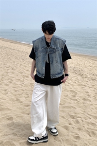 韩版小众解构设计感垫肩水洗牛仔马甲外套男宽松做旧无袖坎肩背心图片