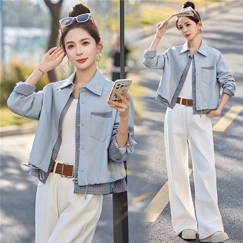 已出货春装新品假两件皮衣外套女新款高档时尚设计感百搭机车服,女装皮衣,吾爱衣